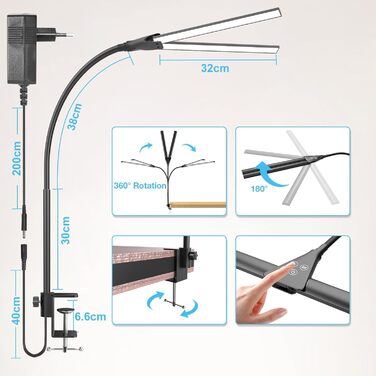 Потужна LED-лампа настільна Hensam для роботи та навчання, з регулюванням яскравості, 5 режимів, захист очей, сенсорне управління, чорна