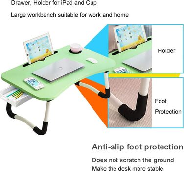 Зручний столик-підставка для ноутбука з ящиком для зберігання, тримачами для чашки та планшета, розкладний, 23.6 дюймів, зелений