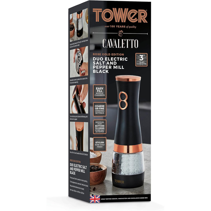 Електричні соляні та перечні млини Tower, рожевий та рожеве золото, з регульованими керамічними жорнами, працюють від батарейок, T847004PNK (Чорний)