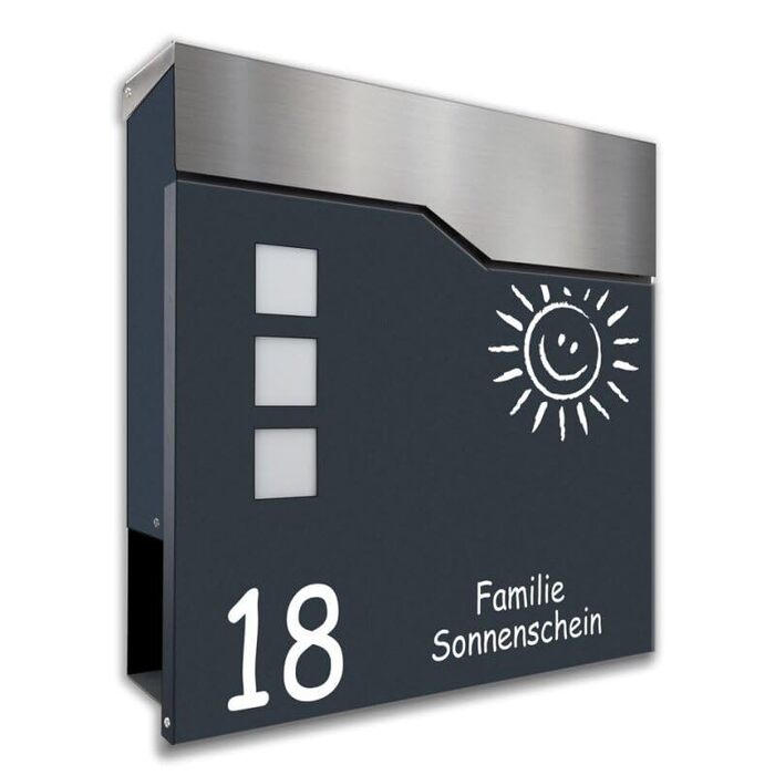 Поштовий ящик антрацит RAL 7016 з написом та газетницею - дизайнерський сталевий ящик з порошковим покриттям, 3 віконця (Marianne)