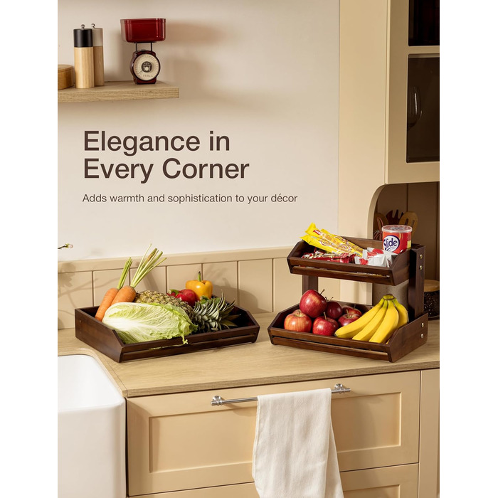 Двоярусна фруктова корзина HOLANA з дерева для стільниці – органайзер для фруктів, овочів та закусок (горіх)