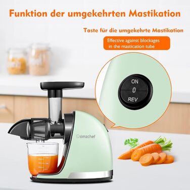 AMZCHEF Juicer for Vegetables and Fruits - Slow Juicer with Reverse-Masticating Function - Gentle Crushing Without Filtering - Electric Juicer with Brush and 2 Cups - Green