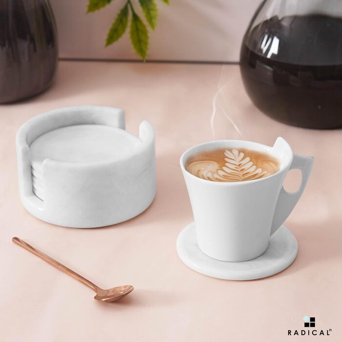Radical coasters for drinks, marble, 8.9 cm, handmade, for mugs and glasses, coaster set for kitchen, car, office, white, set of 6