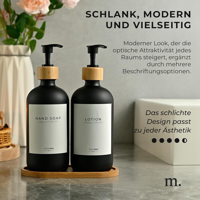 Набір дозаторів для мила та рідкого миючого засобу MaisoNovo: скляні дозатори з бамбуковою помпою, 2 шт. (500 мл)