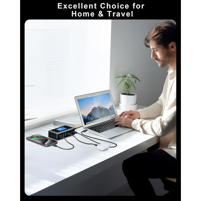 Зарядний пристрій RENGOGA 200W USB-C GaN 8 портів з LED дисплеєм для MacBook, iPad, iPhone, Samsung Galaxy - чорний