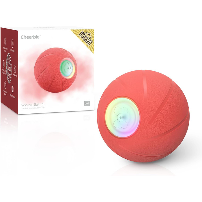 Інтерактивний м'яч Wicked Ball PE для собак, оновлена гумова версія, самокатний, 3 режими гри, LED-підсвітка, міцна іграшка для середніх і великих собак, червоний
