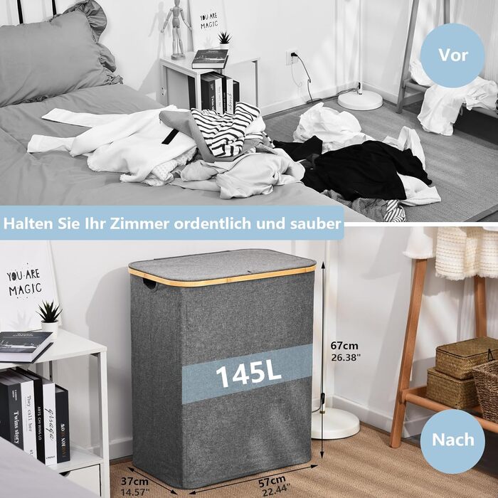 ROSOS Laundry Basket with Lid, 145L Foldable Laundry Basket with 2 Compartments and Removable Laundry Bag, Laundry Collector with Lid & Bamboo Handle, Waterproof Laundry Box with Lid, Grey
