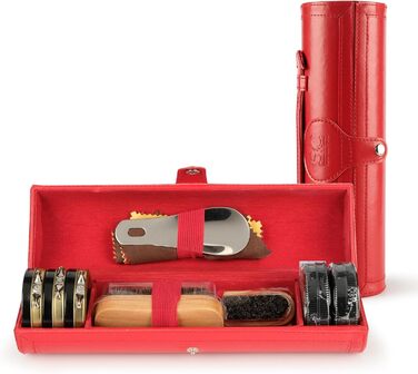 Stone & Clark 12-Piece Shoe Cream & Leather Care Set with Brown Wax, Shoe Brushes for Polishing, Compact Shoe Shine Kit with Horsehair Brushes & PU (Case: Hot Red)