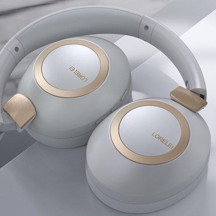 Бездротові навушники LORELEI B-C6 Over-Ear: 50 годин роботи, складні, легкі, Bluetooth, глибокі баси, мікрофон, memory foam, для подорожей (Бежево-білий, Сірий)