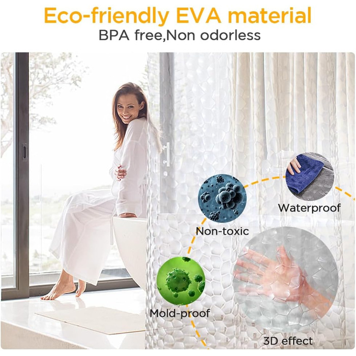 Шторка для душу AiQInu 180x200 см, 3D Eva, прозора, антигрибкова, водонепроникна, для ванної кімнати, з 12 гачками