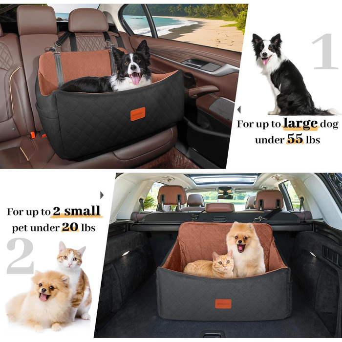 Wooaidagg Dog Car Seat for Medium & Large Dogs - Washable Memory Foam Pet Bed with 2 Leashes (Black/Brown)