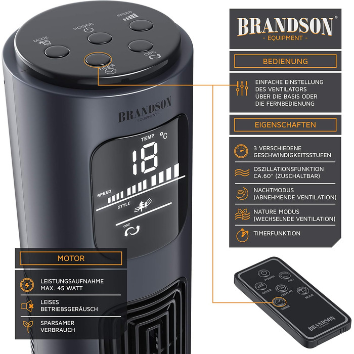 Вентилятор торгової марки Brandson з пультом керування, 96 см, 3 швидкості, осциляція 60°, темно-синій, преміум-якість