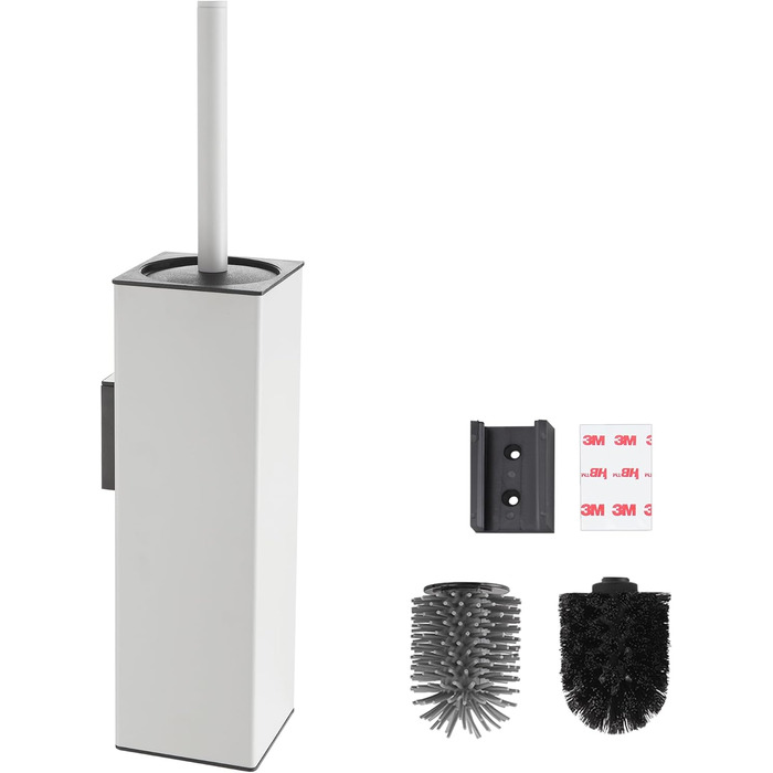 Настінна щітка для туалету BVL, тримач без свердління, 2 насадки, силіконова щітка для унітазу, кутова, білий матовий