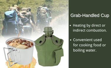 Military Mess Kit, Aluminum Cup Set with Lid and Folding Stainless Steel Spoon/Fork for Hiking Camping, 1 Quart Green