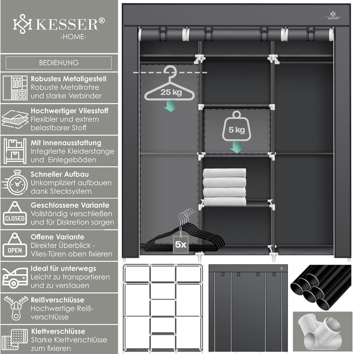 KESSER® Wardrobe Clothes Rack Stable with Clothes Rail & Shelves, Incl. 5x Clothes Hangers, Fabric Folding Wardrobe for Bedroom, Dressing Room Closet with Clothes Stand 150x45x175cm (Anthracite)