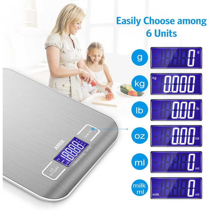 Кухонні ваги AMIR 5 кг, цифрові, професійні, точність до 1 г, з тарою, LCD-дисплеєм, автовимкнення