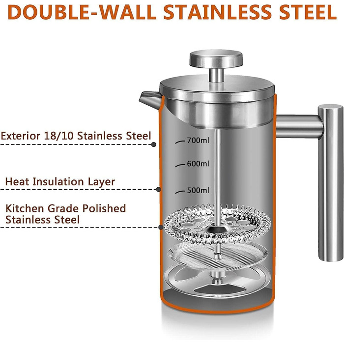 Make a French Press Coffee Maker, 21Oz Stainless Steel French Press with 3-Level Filtration System, Double-Walled Insulated French Press with 3 Filters and 1 Metal Spoon 600ml Silver