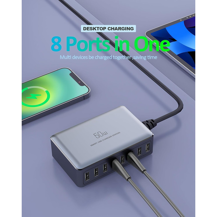 Зарядний пристрій USB 50W мережевий адаптер 8 портів для iPhone 15/14/13/12 Pro Max, iPad, Samsung, Google Pixel - Чорний