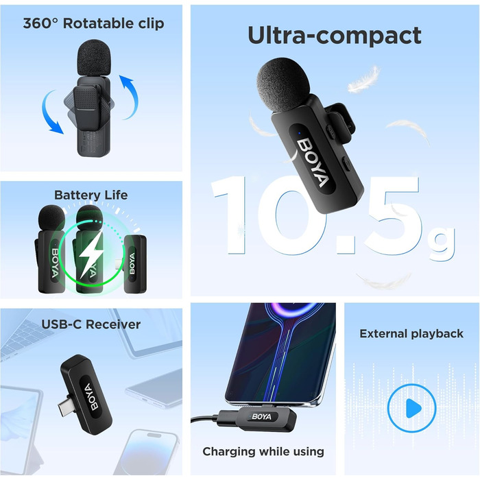 Мікрофон Boya BY-V10 USB-C: Бездротовий міні-петличний мікрофон з шумозаглушенням для Android, смартфонів, ноутбуків, YouTube, подкастів, Facebook, Vlogging
