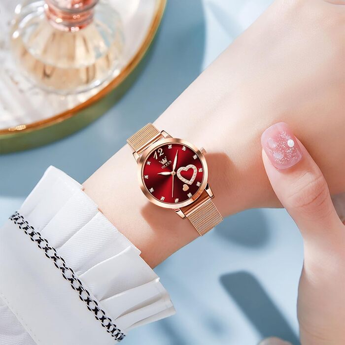 Годинник жіночий OLEVS Roségold: стильні годинники з нержавіючої сталі з мережевим ремінцем, ультратонкі, з діамантовим сердечком, водостійкі, рожеве золото