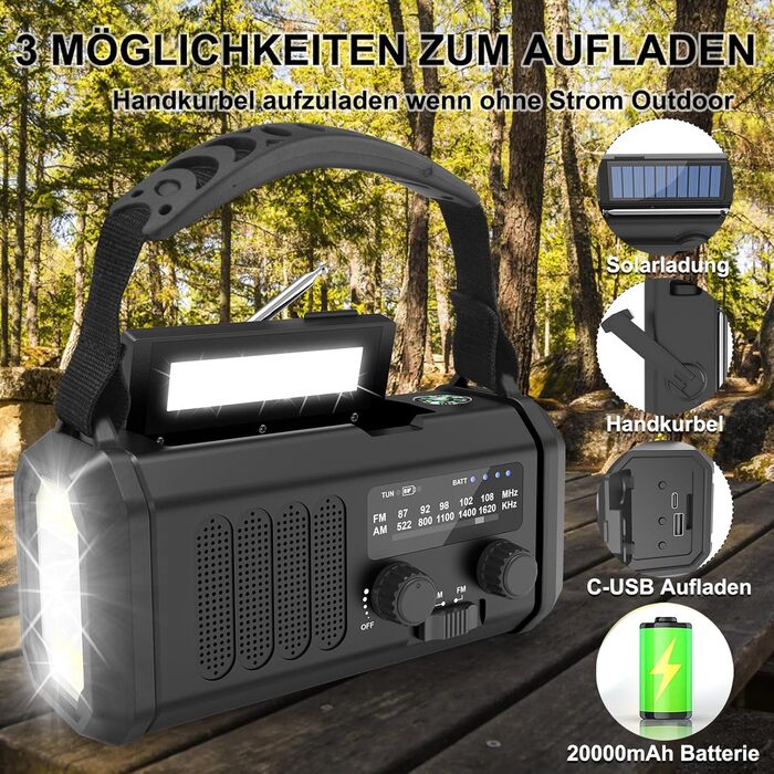 Радіо Solar Radio на сонячних батареях з ручним заводом AM/FM, Powerbank 20000mAh, ліхтарик LED, SOS-сигнал, USB-C зарядка для телефону, чорне – для кемпінгу та активного відпочинку