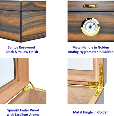 Вологозбережувач для сигар Eitida на 25-50 сигар з дисплеєм з загартованого скла, ручної роботи, з іспанського червоного кедру з перегородкою, зволожувачем та гігрометром, чорний ебоніт (Сантос Палісандр)