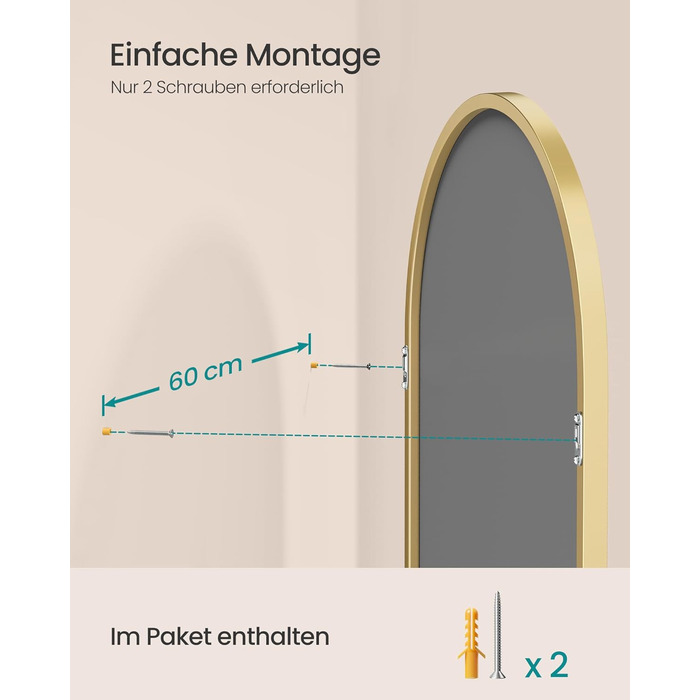 Дзеркало для ванної кімнати SONGMICS, настінне, з алюмінієвою рамою, 91 x 61 см, з захисною плівкою, 2 способи кріплення, для ванної, спальні, вітальні, LWM010BD01 (овальне, світло-золоте)