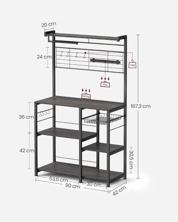 Стелаж кухонний VASAGLE KKS026B01, підлоговий, з магнітною смугою для ножів, кошиком, тримачем для рушників, 12 гачків, вінтажний коричневий-чорний