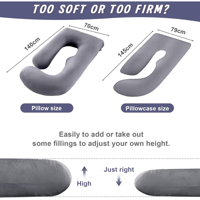 Подушка для вагітних Otauoaea J-подібної форми, подушка для годування XXL, подушка для сну на боці, 145x70 см (велюр, сірий)