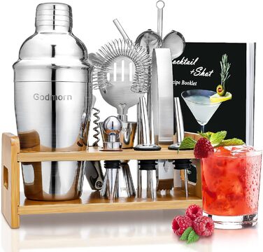 Cocktail Set, Godmorn Stainless Steel Shaker Set, 15-Piece Bartender Set with Improved Bamboo Stand, Recipe Book, Measuring Jigger, and Bar Spoon, 550 ml Gift Set for Home or the Bar