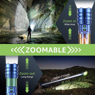 Потужний LED ліхтар 1000000 люмен: ліхтар з підзарядкою, збільшенням, 11 режимів, водонепроникний тактичний ліхтар для кемпінгу, відпочинку на природі, надзвичайних ситуацій (Морський колір)