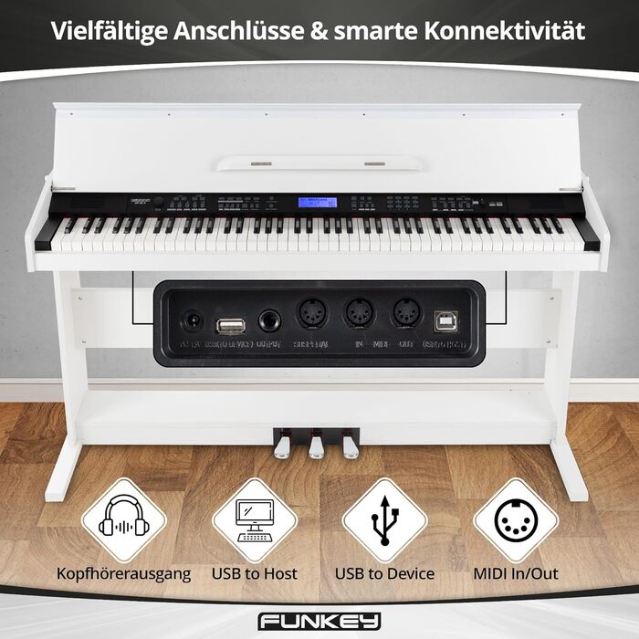 FunKey DP-88 II – цифрове піаніно з 88 клавішами, поліфонія 128, 360 звуків, 160 стилів, MP3-плеєр, функція навчання, запис та відтворення, 3 педалі, білий колір