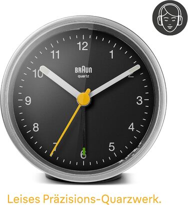 Classic Braun analog alarm clock with snooze function and light, quiet quartz movement, crescendo alarm in black and silver, model BC12SB