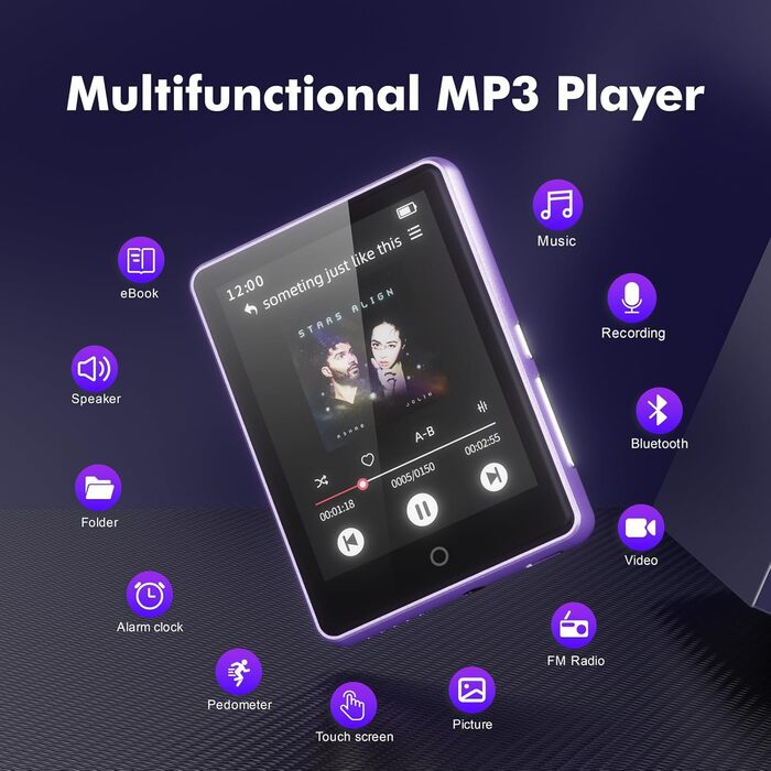 MP3 плеєр дитячий 64GB Bluetooth 5.3 з радіо, радіоприймач, MP4 плеєр, дитячий музичний плеєр з touch screen, розширюється до 128GB, фіолетовий