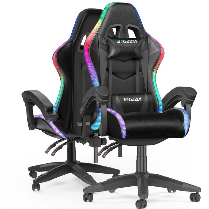 Геймерське крісло Bigzzia з RGB підсвіткою, ергономічне для ПК, з підголівником, чорне