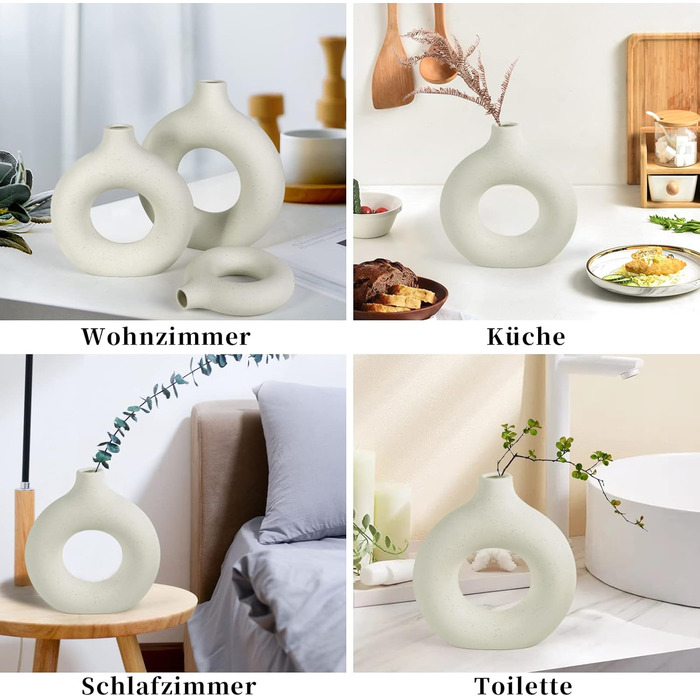Large Ceramic Doughnut Vase for Pampas Grass - Modern Boho Round Vase for Home & Office Decor