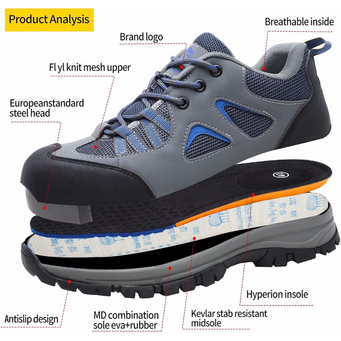 Чоловічі та жіночі робочі черевики-захисники. Легкі, дихаючі, антиковзкі, з металевим підноском. Сірий, синій, 44 EU