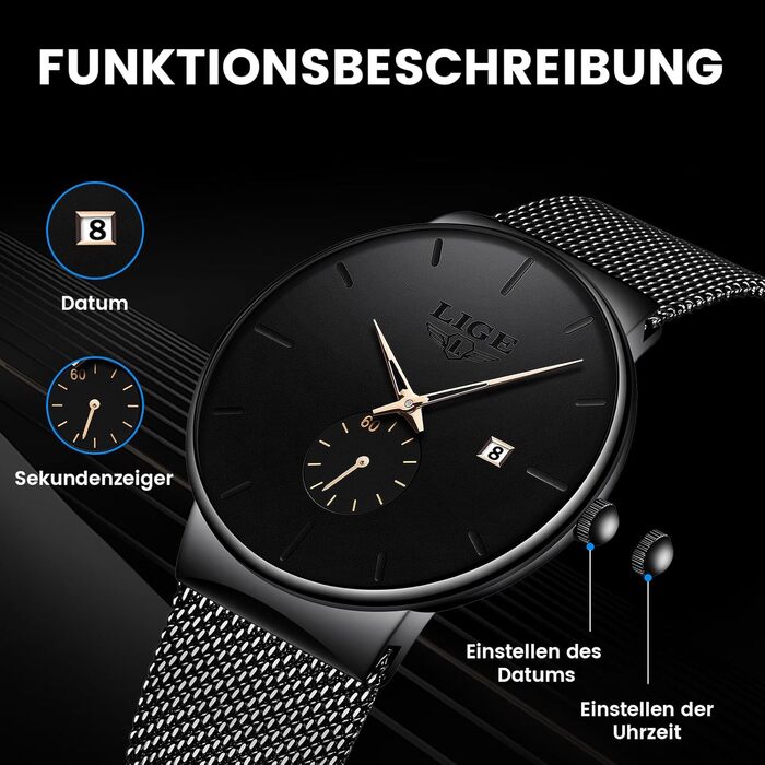 Годинник чоловічий LIGE Retro з нержавіючої сталі, водонепроникний, вінтажний, кварцовий, з датою, для бізнесу та повсякденного носіння. Чоловічі годинники (Золотий, Чорний)