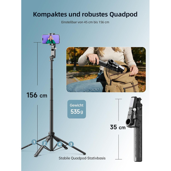 Штатив для смартфона Rollei з автоматичним відстеженням обличчя та стабілізацією відео 360° | Gimbal для TikTok Live Streaming