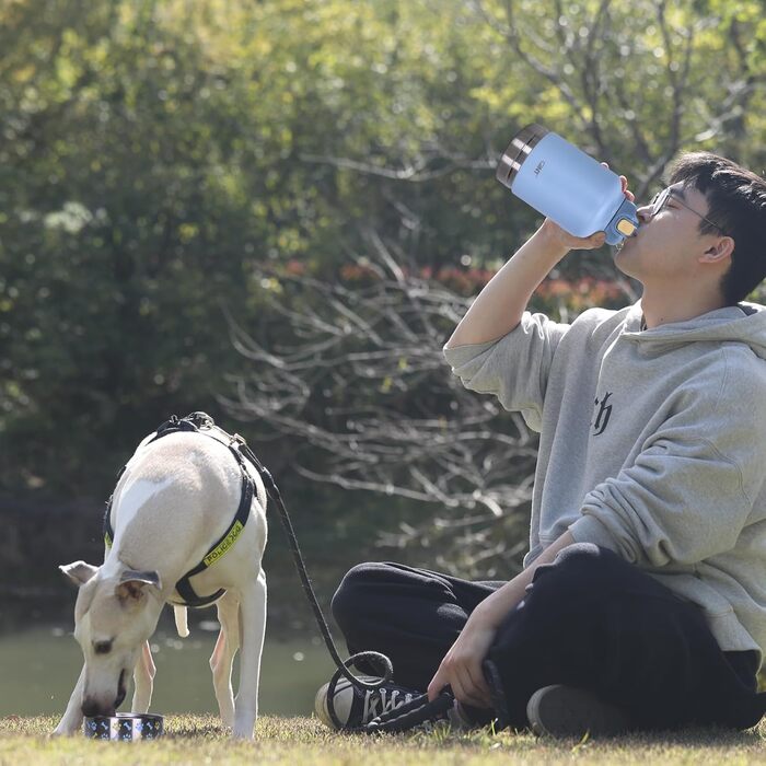 GiNT Ізольована пляшка для води з нержавіючої сталі для собак та людей, туристичний набір з мисками та сумкою, не протікає, для прогулянок, походів, кемпінгу, авто (Блакитний)