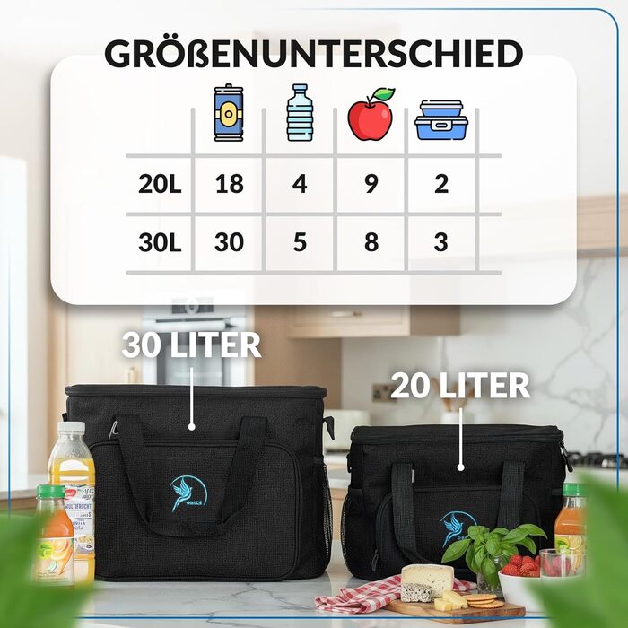 Ізольована сумка-холодильник 20/30L (складніша) для пікніка, роботи, покупок - чорна сумка-холодильник з PEVA матеріалом, 10-12 годин охолодження, з відкривачем для пляшок