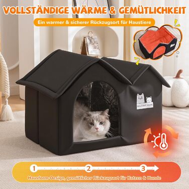 Зручне котяче будиночок ALLSOPETS для вулиці: водонепроникне собаче житло, тепле ізольоване притулок для тварин з подвійним дахом (чорний)