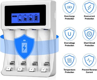 Зарядний пристрій BONAI для акумуляторів AA AAA з USB, 4 слоти, LCD дисплей, розумна зарядка NI-MH NI-CD