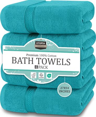 Набір банних рушників Utopia Towels, 100% бавовна, 69 x 137 см, м'які та гігроскопічні, з петлею для підвішування, 4 шт, бірюзовий