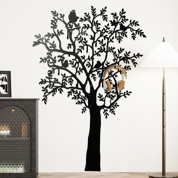 HOMCOM Coat Rack Wall-Mounted Coat Rack in Tree Shape with 4 Birds, 8 Hooks Coat Rail, Wall Decoration for Jackets, Coats, Hats, Scarves, Handbags, 120 x 175 cm, Black | Aosom