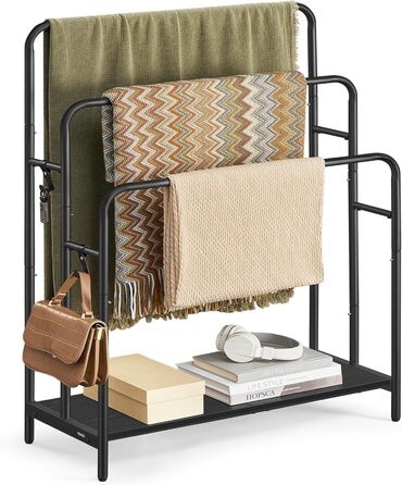 Підставка для рушників VASAGLE, стояча, 3-х рівнева, 70 x 30 x 100 см, з 2 гачками та полицею, чорний + чорне дерево, LLS019B01