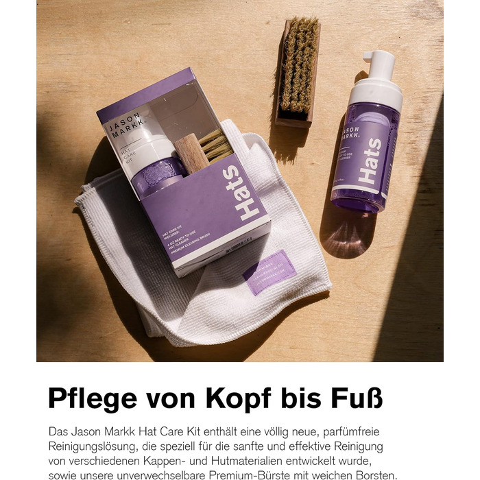 Jason Markk Hat Care Kit, 4 oz / 118ml Foam Cleaner, Premium Cleaning Brush, effectively cleans caps, safe on all materials, specially developed for cotton, wool, felt & more, fragrance-free