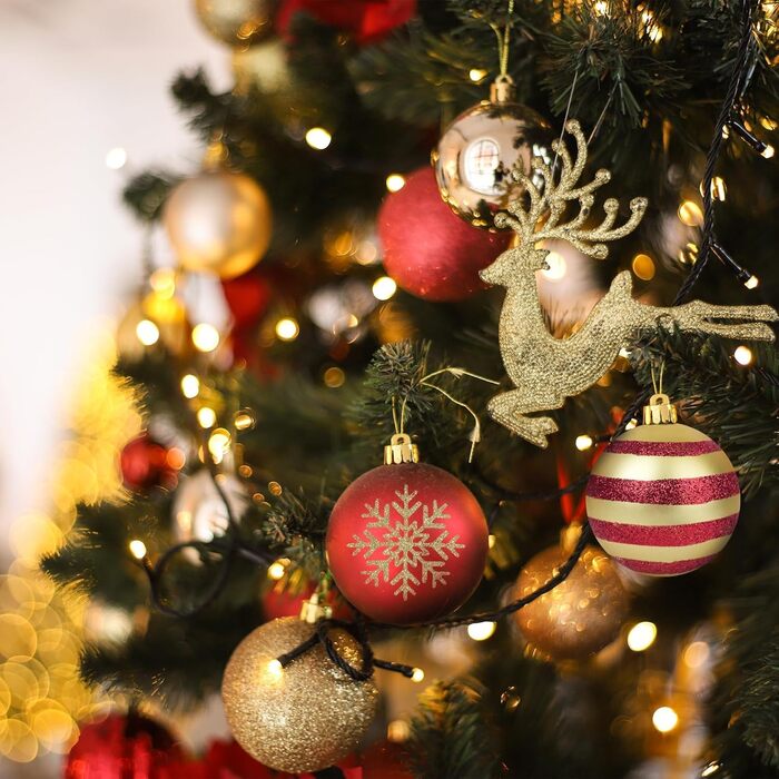 Новорічні кулі для ялинки, 50 шт. 3/4/6 см, з глітером, червоно-золоті. Пластикові прикраси для ялинки