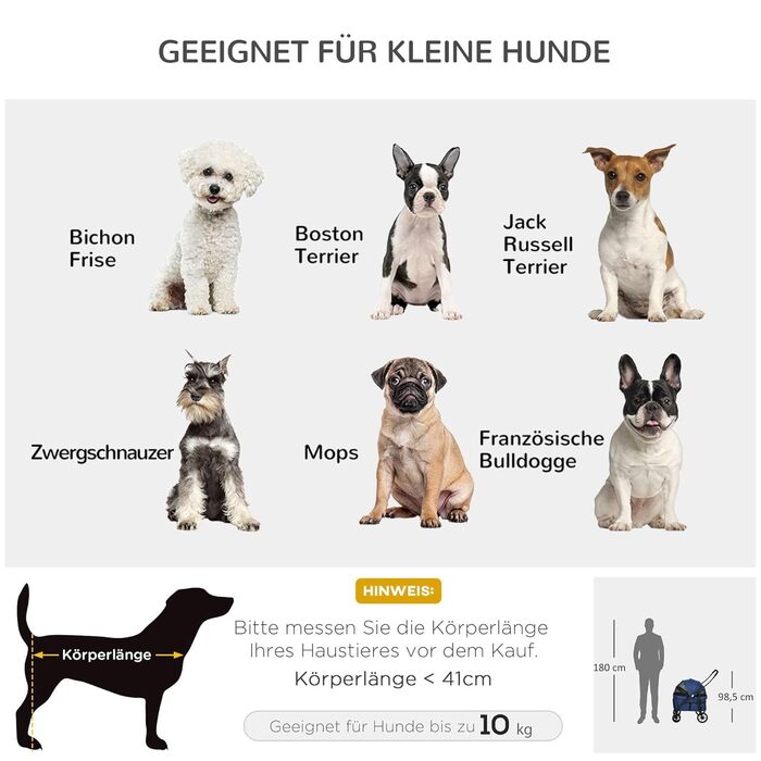 PawHut 2-в-1 візок для собак та котів з дощемiком, складний, з 2 повідками, для маленьких тварин, Оксфорд, темно-синій