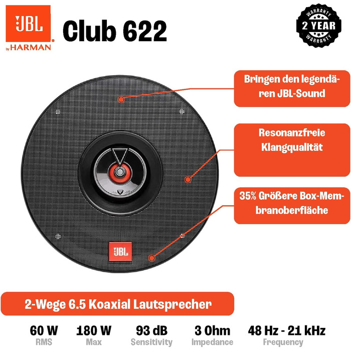 Автоакустика JBL Club 622 від Harman Kardon, 2-смугові динаміки 16-17 см, 180 Вт, чорні
